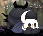  1_horn 2023 anal anthro arthropod ass_up axoarts big_butt black_body blue_cape butt cape champion_(character) clothing digital_media_(artwork) duo english_text fan_character hi_res hollow_knight horn infected_(species) insect inside looking_back male male/male oral orange_eyes rimming rimming_male rock sex shade_(hollow_knight) shadow team_cherry teapot_(body_type) text thick_thighs vessel_(species) white_horn 