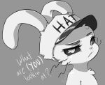  angry anthro big_ears black_sclera buneposter clothing female hat headgear headwear hi_res jenny_jeungman lagomorph leporid looking_at_viewer mammal monochrome rabbit solo text white_eyes 