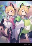 2girls absurdres animal_ears back-to-back black_skirt blonde_hair blue_archive blue_bow blush bow cat_ears cat_tail coat commentary_request finger_to_cheek frilled_skirt frills from_side green_eyes hair_bow hair_over_one_eye halo hand_on_own_face hand_up highres hooded_coat indoors kurobi_(netisz) long_hair looking_at_viewer looking_back midori_(blue_archive) miniskirt momoi_(blue_archive) multiple_girls open_clothes open_coat open_mouth pink_eyes pleated_skirt red_bow siblings sisters sitting skirt surprised tail thighhighs twins wide_sleeves 
