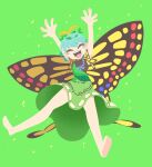  1girl antennae aqua_hair arms_up barefoot blush_stickers butterfly_wings closed_eyes dress eternity_larva fairy full_body green_background green_dress highres leaf leaf_on_head multicolored_clothes multicolored_dress open_mouth shinsei_tomato short_hair short_sleeves simple_background smile solo touhou wings 