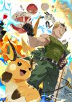  1boy artist_name belt biceps black_belt black_footwear black_gloves blonde_hair boots e_volution electricity electrode_(pokemon) eyewear_on_head fingerless_gloves from_below gloves green_pants green_shirt looking_down magneton male_focus muscular muscular_male open_mouth pants pokemon pokemon_(creature) pokemon_(game) pokemon_lgpe raichu shirt short_hair sleeveless sleeveless_shirt smile spiked_hair standing sunglasses surge_(pokemon) teeth veins voltorb 