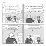  2023 anthro bottomwear canid canine canis clothing comic detailed_background dialogue domestic_dog dot_eyes duo english_text eyes_closed hi_res humanoid_hands inside lukehealy male mammal overweight overweight_male pants shirt text topwear 