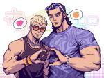  2boys absolum_art bara black_hair black_tank_top chain_necklace closed_mouth eyewear_on_head facial_hair heart heart_hands heart_hands_duo highres jewelry large_pectorals looking_at_another male_focus multiple_boys muscular muscular_male necklace original pectorals shirt smile sunglasses tank_top upper_body wristband yaoi 