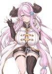  1girl asymmetrical_gloves blue_eyes braid breasts butterfly_earrings demon_horns draph earrings gloves granblue_fantasy hair_ornament hair_over_one_eye highres horns jewelry kurakura_s3 large_breasts light_purple_hair long_hair looking_at_viewer narmaya_(granblue_fantasy) pointy_ears single_braid thigh_strap uneven_gloves 