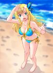  1girl :d absurdres aqua_eyes aqua_pupils bare_arms bare_legs bare_shoulders barefoot beach bikini blonde_hair blue_bikini boku_wa_tomodachi_ga_sukunai breasts butterfly_hair_ornament cleavage collarbone english_commentary fang fingernails footprints front-tie_bikini_top front-tie_top full_body hair_ornament hand_up highres kashiwazaki_sena long_hair looking_at_viewer medium_breasts navel open_mouth sand shading_eyes shadow side-tie_bikini_bottom smile solo swimsuit toenails water zawabug 