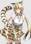  1girl absurdres animal_ear_fluff animal_ears bare_shoulders belt blonde_hair brown_hair commentary cowboy_shot elbow_gloves extra_ears gloves gradient_hair grey_background hair_between_eyes high-waist_skirt highres kemono_friends leaning_to_the_side long_hair looking_at_viewer low_twintails miniskirt multicolored_hair ocelot_(kemono_friends) ocelot_print orange_eyes print_skirt print_thighhighs shirt simple_background skirt sleeveless sleeveless_shirt smile solo tail tanabe_(fueisei) thighhighs twintails very_long_hair white_shirt zettai_ryouiki 