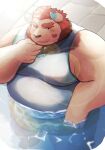  anthro blush chernobog clothing demon eyebrows facial_hair fur hi_res horn lifewonders male metaporin partially_submerged pink_body pink_fur shirt solo tank_top thick_eyebrows tokyo_afterschool_summoners topwear water 