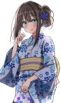  1girl alternate_hairstyle blue_flower blue_kimono blush bow breasts brown_hair cherry_blossom_print cowboy_shot dot_nose floral_print flower folded_ponytail green_eyes hair_flower hair_ornament hand_up highres holding idolmaster idolmaster_cinderella_girls idolmaster_cinderella_girls_starlight_stage japanese_clothes kimono kinchaku long_hair long_sleeves looking_at_viewer medium_breasts obi obijime open_mouth pouch print_kimono sash shibuya_rin simple_background smile solo standing striped striped_bow waist_bow white_background wide_sleeves yellow_bow yukata yukiya_(shiya) 