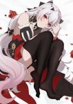  1girl absurdres bare_shoulders bat_hair_ornament black_dress black_pantyhose blush breasts closed_mouth detached_sleeves dress earrings feet flower full_body hair_between_eyes hair_ornament highres honkai_(series) honkai_impact_3rd jewelry legs long_hair long_sleeves looking_at_viewer luna_(honkai_impact) no_shoes pantyhose red_eyes red_flower red_rose rose smile soles solo theresa_apocalypse theresa_apocalypse_(lunar_vow:_crimson_love) torn_clothes torn_pantyhose white_hair zhourues 