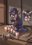  1girl absurdres animal_ears armpits arms_behind_head arms_up ball_gag barefoot bdsm black_hair bondage bound bound_arms bound_legs breasts commission cuffs full_body gag highres indoors kuon_(utawarerumono) long_hair low-tied_long_hair medium_breasts nero_augustus restrained rope sash second-party_source shackles shibari shibari_over_clothes shoes shoes_removed solo sweat tail utawarerumono utawarerumono:_itsuwari_no_kamen 