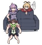  4girls ahoge alternate_costume antenna_hair barefoot beads black_pants black_shorts blade blonde_hair brown_hair casual closed_mouth commentary_request controller couch datemegane expressionless green_eyes green_hair green_sleeves grey_shirt hair_beads hair_ornament headgear holding holding_remote_control jitome leaning_on_object legs_on_another&#039;s_shoulders long_sleeves looking_ahead looking_at_another multiple_girls on_couch on_floor open_mouth pants print_shirt purple_eyes purple_hair raglan_sleeves raised_eyebrows reclining red_eyes red_sweater remote_control shirt short_hair_with_long_locks short_shorts short_twintails shorts sitting sitting_between_lap smile sweatdrop sweater thought_bubble touhoku_kiritan translation_request tsurumaki_maki twintails vocaloid voiceroid voicevox watching_television yellow_eyes yuzuki_yukari zundamon 