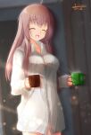  1girl :d ^_^ absurdres ahoge blurry blurry_background blush breasts brown_hair closed_eyes commentary cowboy_shot cup dress_shirt eyelashes fumimaru hair_between_eyes hair_down hands_up happy highres holding holding_cup indoors large_breasts lens_flare long_hair mug open_mouth sanoba_witch shiiba_tsumugi shirt sidelighting sidelocks signature sleeves_past_wrists smile solo standing waking_up white_shirt 