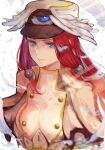  1girl blazblue blue_eyes breasts closed_mouth feathered_wings feathers hair_tubes hat highres levvellevvel long_hair looking_at_viewer pants red_hair solo third_eye tsubaki_yayoi upper_body weapon winged_hat wings 