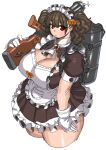  1girl apron ascot blush bow breasts brown_dress cleavage cleavage_cutout clothing_cutout cropped_legs dress gatling_gun gloves gun hair_behind_ear hair_bow highres holding holding_gun holding_weapon large_breasts looking_at_viewer maid maid_apron orange_bow original over_shoulder red_eyes solo sparkle thick_thighs thighs twintails utoka weapon weapon_over_shoulder white_apron white_ascot white_background white_gloves 