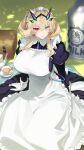  1girl 7dango7 apron barghest_(fate) barghest_(swimsuit_archer)_(fate) black_dress blonde_hair blush breasts collared_dress cup dress fate/grand_order fate_(series) gloves green_eyes heterochromia highres horns huge_breasts long_sleeves looking_at_viewer maid maid_headdress medium_hair milk_churn open_mouth picnic_basket red_eyes sitting solo teacup teapot white_apron white_gloves 