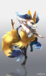  3:5 ambiguous_gender anthro biped blue_eyes braixen dipstick_tail fur generation_6_pokemon hi_res inner_ear_fluff leokatana markings mostly_nude nintendo pokemon pokemon_(species) scarf scarf_only solo tail tail_markings tuft yellow_body yellow_fur 