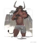 1boy abs animal_ears artist_request bara black_hair bulge copyright_request cow_boy cow_ears cow_horns cow_tail cropped_legs dark-skinned_male dark_skin erection erection_under_clothes forked_eyebrows groin hand_on_own_chest highres horns large_hands large_horns large_pectorals long_hair male_focus male_pubic_hair male_underwear male_underwear_pull muscular muscular_male nose_piercing nose_ring original pectorals piercing pubic_hair pubic_hair_peek sidelocks solo stomach tail thick_eyebrows thick_thighs thighs topless_male torn_underwear translation_request underwear wading white_male_underwear 