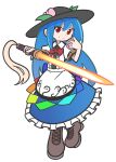  1girl black_headwear blue_hair blue_skirt bow bowtie closed_mouth cross-laced_clothes food frilled_skirt frills fruit full_body grey_footwear hinanawi_tenshi holding holding_sword holding_weapon leaf long_hair looking_at_viewer parody peach puyopuyo red_bow red_bowtie red_eyes shinmon_akika shirt short_sleeves simple_background skirt smile solo style_parody sword sword_of_hisou touhou weapon white_background white_shirt 