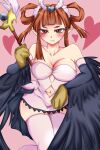  1girl bare_shoulders black_wings blush breasts claws clothing_cutout commentary_request duel_monster feathered_wings feathers harpie_channeler harpy heart holding holding_staff kamisaki_sakuya large_breasts long_hair monster_girl navel navel_cutout orange_eyes orange_hair pink_background pointy_ears solo staff thighhighs twintails white_thighhighs winged_arms wings yu-gi-oh! zettai_ryouiki 