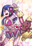  1girl blue_eyes blue_hair blush bow buneary cosplay dawn_(pokemon) hair_bow highres kotobukkii_(yt_lvlv) long_hair looking_to_the_side may_(pokemon) may_(pokemon)_(cosplay) midriff open_mouth pink_bow pink_skirt poke_ball pokemon pokemon_(creature) pokemon_(game) pokemon_dppt pokemon_oras skirt teeth upper_teeth_only 