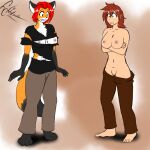  1:1 alternate_species anthro bottomwear breasts brown_bottomwear brown_clothing brown_hair brown_pants canid canine clothing database_error_(twokinds) dekaisen duo female fox hair hi_res human humanoid mammal pants transformation twokinds webcomic webcomic_character zen_(twokinds) 