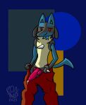  anthro bodily_fluids bottomwear canid canine clothed clothing digital_media_(artwork) erection fur generation_4_pokemon genital_fluids genitals hi_res looking_at_viewer lucario male mammal nintendo open_bottomwear open_clothing open_pants pants penis pokemon pokemon_(species) ronai_fox simple_background smile solo tail 