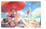 2girls absurdres animal_ears arknights arms_up ball barefoot basket beach beachball bikini black_bikini black_one-piece_swimsuit blush bottle breasts can center_opening closed_eyes closed_mouth cloud ears_through_headwear eyewear_on_head food fruit hat hexagonal_eyewear highres innertube jewelry lin_(arknights) long_hair looking_at_viewer medium_breasts mountainous_horizon mouse_ears mouse_tail multiple_girls necklace one-piece_swimsuit palm_tree pink_eyes pink_hair procreate_(medium) rubber_duck sand shenshiban sky smile stretching sun_hat surfboard swimsuit swire_(arknights) tail thigh_strap tiger_ears tiger_tail tinted_eyewear toenails towel tree v-shaped_eyebrows water watermelon white_headwear wine_bottle 