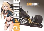  1girl belt beret black_belt black_gloves black_skirt blonde_hair blue_eyes blush breasts cat collarbone driftkingtw flag gloves hat holding holding_flag jervis_(kancolle) kantai_collection long_hair navel open_mouth orange_skirt race_queen sailor_hat skirt small_breasts smile solo white_gloves white_headwear white_skirt 