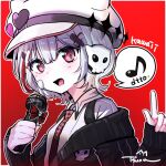  dtto. hat hat_ornament heart_hat_ornament holding holding_microphone jacket microphone pale_skin red_background red_eyes red_tie scarz shirt skull_ornament tsuna_nekota utaite_(singer) virtual_youtuber white_hair white_shirt 