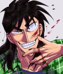  1boy black_eyes black_hair blood blood_on_face commentary_request fingernails green_shirt grey_background grin highres itou_kaiji kaiji long_hair looking_at_viewer male_focus medium_bangs open_clothes open_shirt plaid plaid_shirt pointy_nose sanpaku satou_(ultrmngrtsrt) scar scar_on_cheek scar_on_face scar_on_hand shirt simple_background smile solo uneven_eyes upper_body 