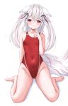  1girl absurdres animal_ears barefoot breasts commission competition_swimsuit covered_navel fox_ears fox_girl fox_tail guild_cq highleg highleg_swimsuit highres kurenagi_eri long_hair looking_at_viewer multicolored_hair ncontrail_(mgax7527) one-piece_swimsuit red_eyes red_hair red_one-piece_swimsuit simple_background sitting skeb_commission small_breasts solo streaked_hair swimsuit tail two-tone_hair two-tone_swimsuit virtual_youtuber wariza white_background white_hair 