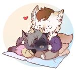  &lt;3 andromorph anthro bedding blanket bottomwear bovid canid canine canis caprine clothing cuddling domestic_cat duo eyewear felid feline felis glasses goat happy hoodie horn hybrid intersex intersex/male jacks male male/male mammal morgdl pants pillow romantic romantic_couple sabbyth sweater topwear v-neck wolf 