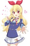  1girl :d aikatsu! aikatsu!_(series) blonde_hair blue_jacket blush bow commentary_request hair_bow hairband heart highres hoshimiya_ichigo jacket komo_wan110 long_hair long_sleeves looking_at_viewer neck_ribbon open_mouth pleated_skirt reaching reaching_towards_viewer red_eyes red_hairband red_ribbon ribbon school_uniform shirt simple_background single_stripe skirt smile solo standing starlight_academy_school_uniform white_background white_shirt white_skirt 