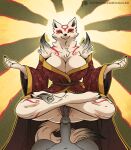  amaterasu_(okami) anthro biped breasts brown_eyes canid canine canis capcom cleavage clothed clothing crossed_legs duo erection female front_view fur genitals goolee grey_body hi_res male mammal navel okami_(capcom) penis white_body white_fur wolf 