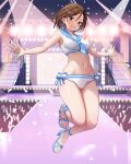  1girl absurdres bare_shoulders bikini blue_neckerchief blue_sailor_collar blush breasts brown_eyes brown_hair concert confetti feet full_body gibun_(sozoshu) glowstick highres idol idolmaster idolmaster_cinderella_girls jumping light_blush looking_at_viewer medium_breasts midriff mizuki_seira navel neckerchief open_mouth outstretched_arms sailor_bikini sailor_collar sailor_swimsuit_(idolmaster) sandals screen short_hair side-tie_bikini_bottom smile solo spotlight stage stage_lights swimsuit white_bikini white_swimsuit 