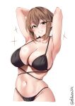  1girl armpits arms_behind_head arms_up bare_shoulders bikini black_bikini blush breasts brown_hair collarbone ebifurya grin hair_between_eyes highres kantai_collection large_breasts looking_at_viewer mutsu_(kancolle) navel one-hour_drawing_challenge short_hair sidelocks simple_background skindentation smile solo sparkle stomach strap_gap string_bikini swimsuit twitter_username white_background 