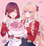  2girls :d ^_^ apron arrow_through_heart artist_name blazer blonde_hair brown_hair cake claire_francois closed_eyes cropped_jacket food fruit gem half_updo highres jacket kuu_(abc823) long_hair maid_apron multiple_girls open_mouth pastry_bag pink_background rae_taylor red_jacket school_uniform short_hair signature smile sparkle strawberry teeth upper_teeth_only very_long_hair watashi_no_oshi_wa_akuyaku_reijou 