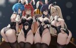  4girls :t adjusting_clothes adjusting_leotard alternate_costume animal_ears asia_argento ass ass_visible_through_thighs beer_mug black_hair black_leotard black_ribbon black_thighhighs blonde_hair blue_hair breasts cameltoe clothing_cutout commission crossed_bangs cup detached_collar detached_sleeves english_commentary fake_animal_ears fake_tail green_eyes green_hair groin hair_between_eyes heart_cutout high_school_dxd highleg highleg_leotard highres himejima_akeno holding holding_tray large_breasts leaning_forward leotard long_hair looking_at_viewer mug multicolored_hair multiple_girls navel_cutout neck_ribbon nico-mo playboy_bunny pout purple_eyes rabbit_ears rabbit_tail red_hair rias_gremory ribbon short_hair sideboob simple_background smile standing streaked_hair tail thighhighs tray white_wrist_cuffs xenovia_quarta yellow_eyes 