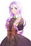  1girl arms_behind_back artist_name black_dress bow brown_bow brown_eyes dress gem glint lisa_(princess_maker) long_hair looking_at_viewer paki_hanbiruu princess_maker_(series) princess_maker_3 purple_hair short_sleeves simple_background smile solo white_background 