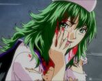  1990s_(style) 1girl blood blood_on_clothes blood_on_face blood_on_hands blue_sailor_collar green_eyes green_hair highly_responsive_to_prayers kirigoe_mima medium_hair mima_(touhou) name_connection perfect_blue retro_artstyle sailor_collar solo torn_clothes touhou touhou_(pc-98) ultragruntyy white_headwear 