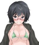  1girl bikini black_eyes black_hair blush breasts commentary elf_(stroll_in_the_woods) frown girls_und_panzer glasses green_bikini grimace halterneck haori highres japanese_clothes looking_at_viewer medium_breasts medium_hair messy_hair oryou_(girls_und_panzer) red-framed_eyewear semi-rimless_eyewear simple_background skindentation solo string_bikini sweat swimsuit textless_version under-rim_eyewear upper_body white_background 