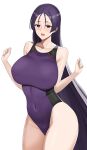  1girl absurdres bare_shoulders blush breasts collarbone covered_navel fate/grand_order fate_(series) highleg highleg_swimsuit highres higofushi large_breasts long_hair looking_at_viewer minamoto_no_raikou_(fate) one-piece_swimsuit open_mouth parted_bangs purple_eyes purple_hair purple_one-piece_swimsuit smile solo swimsuit very_long_hair 