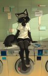  1girl :3 absurdres animal_ear_fluff animal_ears arm_support black_fur black_hair black_shorts body_fur cassette_player commentary crack_of_light day dolphin_shorts earbuds earphones fewer_digits full_body furry furry_female goggles goggles_on_head grey_footwear hair_over_one_eye highres hikimayu indoors laundromat looking_at_viewer one_eye_covered original sandals shiiorina shirt shoes short_hair short_sleeves shorts single_barefoot single_shoe sitting smile solo sticky_note symbol-only_commentary t-shirt tail tareme tile_wall tiles washing_machine white_shirt wolf_ears wolf_girl wolf_tail yellow_eyes 