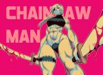  1girl abs absurdres biceps black_sports_bra blood blood_on_weapon breasts chainsaw_man dual_wielding eyepatch haidenisa highres holding holding_sword holding_weapon katana long_hair looking_at_viewer muscular muscular_female navel obliques quanxi_(chainsaw_man) simple_background solo sports_bra sweat sword thick_thighs thighs toned weapon white_hair 