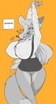  2023 anthro arms_above_head big_breasts biped bottomwear breasts button_pop canid canine clothing crackiepipe denisse female fox greyscale hair hi_res huge_breasts mammal monochrome orange_background simple_background skirt solo 