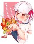  1girl blue_shorts blush breasts earrings fate/grand_order fate_(series) food fork hair_ribbon highres jewelry kama_(fate) knife looking_at_viewer looking_back mitsurugi_sugar pout red_eyes ribbon shirt short_hair short_sleeves shorts sitting small_breasts socks thighs translation_request tray white_hair white_shirt 