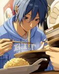  1boy blue_eyes blue_hair blue_hoodie blue_nails chopsticks commentary_request drawstring eating egg fingernails food food_in_mouth fried_rice hair_between_eyes highres holding holding_chopsticks hood hood_down hoodie kaito_(vocaloid) light_blush male_focus nokuhashi noodles ramen rice short_hair solo upper_body vocaloid 