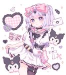  1girl arm_warmers belt black_choker bow choker earrings hair_bow hair_ornament hairclip heart highres jewelry kuromi letter long_hair one_side_up original pink_bow pink_sailor_collar pleated_skirt purple_eyes purple_hair sailor_collar sanrio single_arm_warmer single_leg_pantyhose skirt skirt_hold white_skirt yukomeow yume_kawaii 