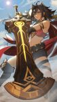  1girl absurdres backlighting bare_shoulders blue_eyes blue_sky boots brown_hair cape cloud commission dehya_(genshin_impact) distr foreshortening genshin_impact hair_intakes highres holding holding_sword holding_weapon looking_at_viewer midriff red_cape shorts sky smile sun sword tan thigh_strap weapon wind 