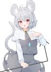  1girl animal_ears black_skirt black_vest blush capelet commentary dowsing_rod grey_capelet grey_hair hair_between_eyes jewelry long_sleeves looking_at_viewer mouse_ears mouse_tail nazrin open_mouth pendant red_eyes rururiaru shirt short_hair simple_background skirt solo tail touhou vest white_background white_shirt 